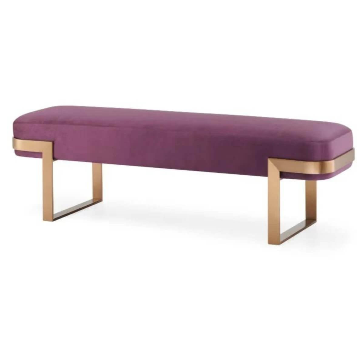 Side view of Modern Zen Zephyr velvet bench – showcasing streamlined silhouette, soft velvet upholstery, and minimalist legs for tranquil modern interiors