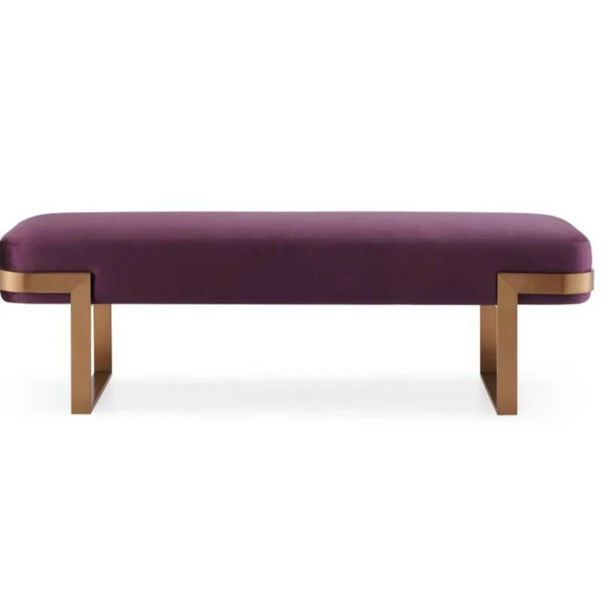 Front view of Modern Zen Zephyr velvet bench – featuring smooth velvet upholstery, clean lines, and a contemporary design ideal for serene interiors