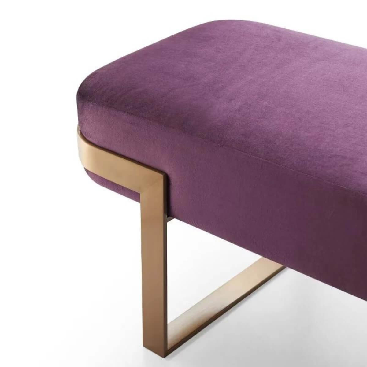 Detailed side view of Modern Zen Zephyr velvet bench – highlighting premium velvet texture, refined stitching, and minimalist frame craftsmanship