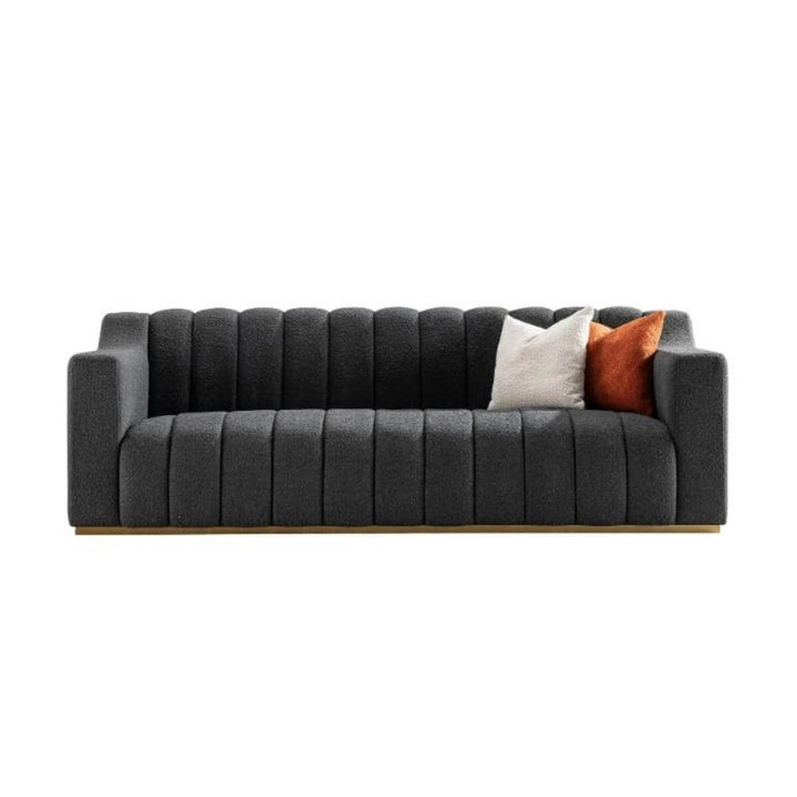 Front view of Modern Zenith Zen cotton linen three-seater sofa featuring clean lines and plush cushions