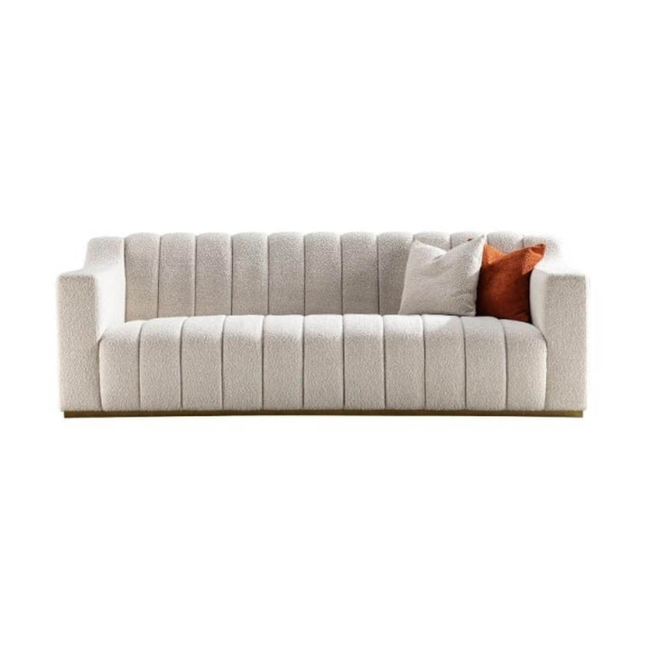 Front view of Modern Zenith Zen white cotton linen three-seater sofa with clean design and plush cushions