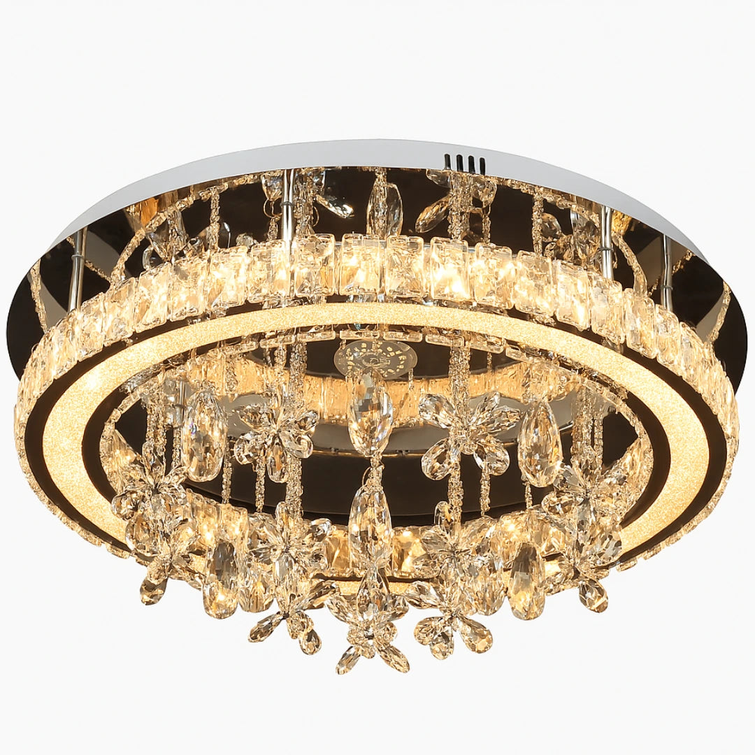 Side close-up view of crystals on Monica LED flush ceiling light highlighting elegant design