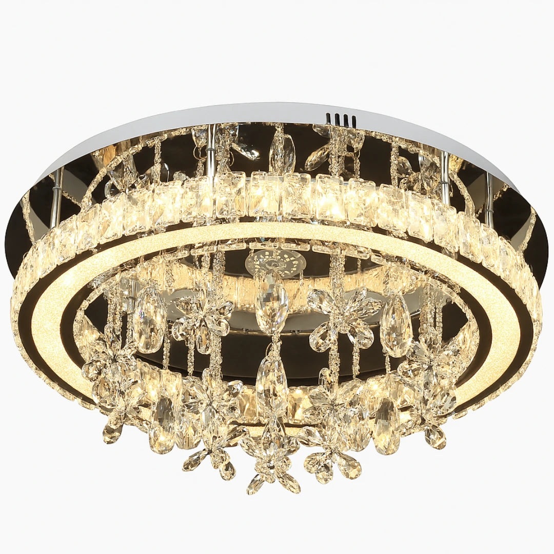 Close-up of crystals on Monica LED flush ceiling light showcasing elegant design details