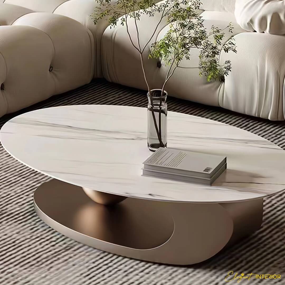 Side view of Monument modern coffee table with stainless steel ball base in Australian interior