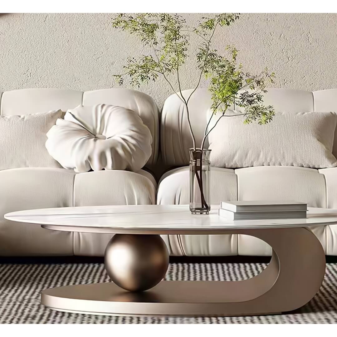 Front view of Monument modern coffee table with stainless steel ball base in Australian interior