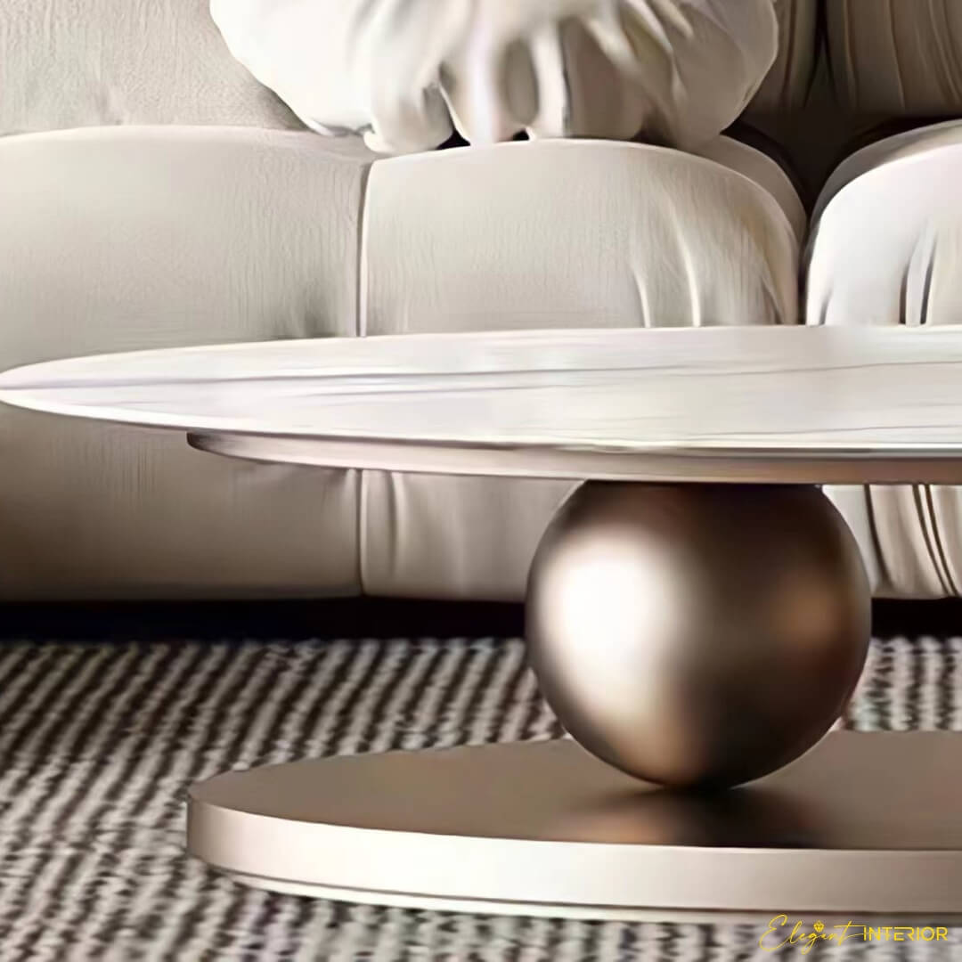 Close-up detail view of stainless steel ball base on Monument modern coffee table, Australia
