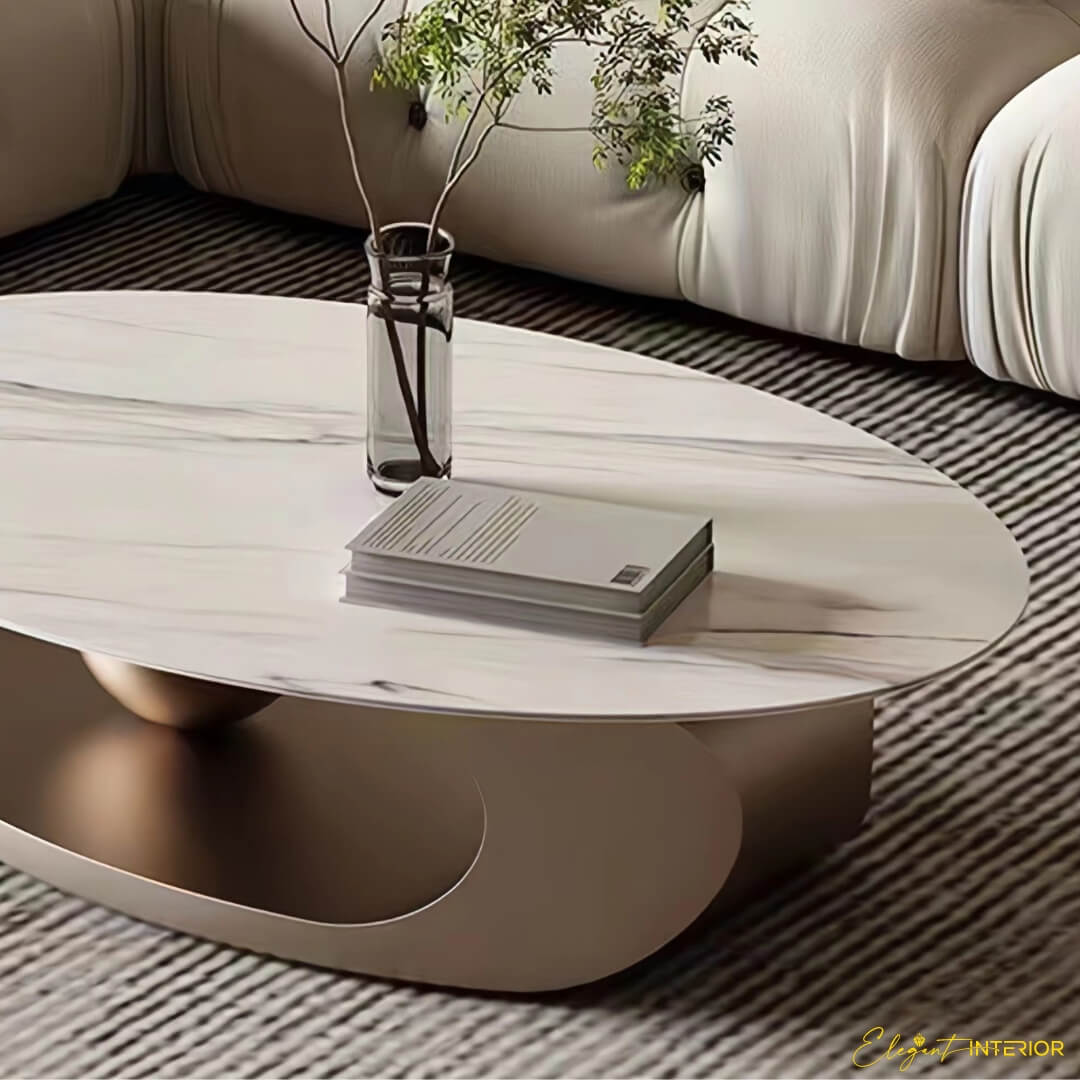 Back view of Monument modern coffee table featuring stainless steel ball base in Australian interior