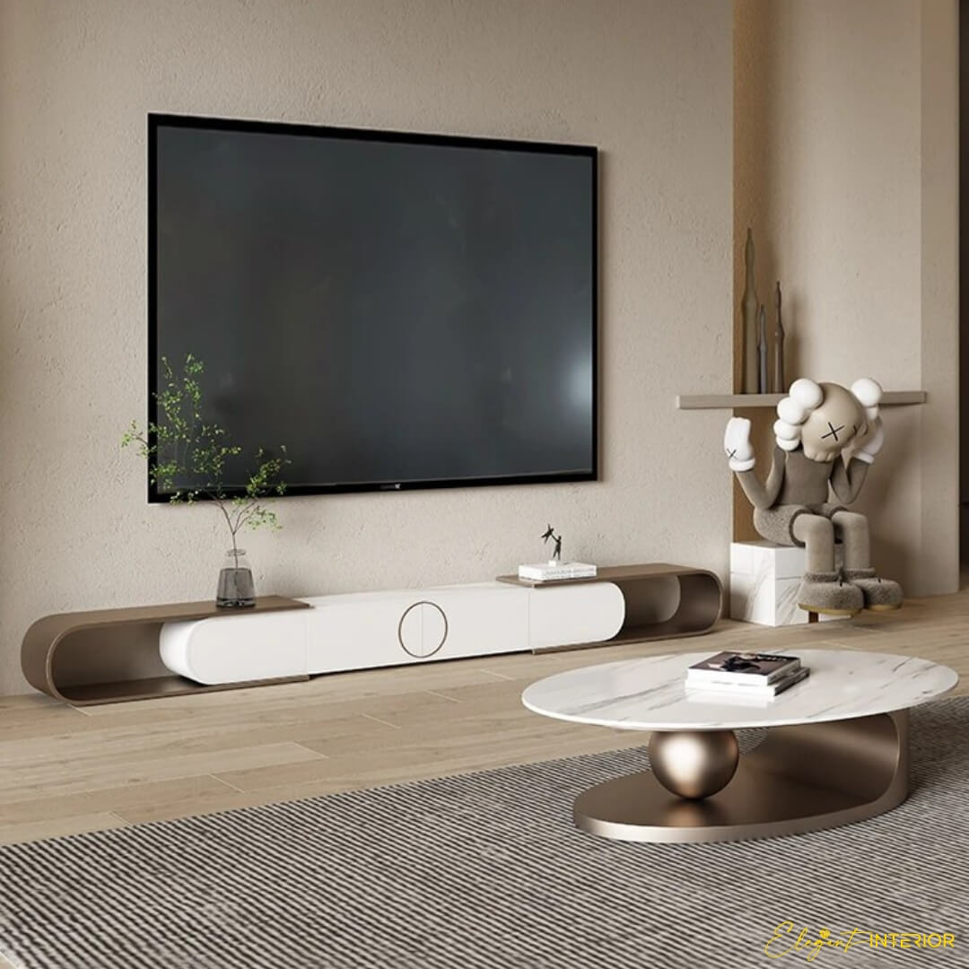 Monument modern coffee table with stainless steel ball base placed in front of living room setup