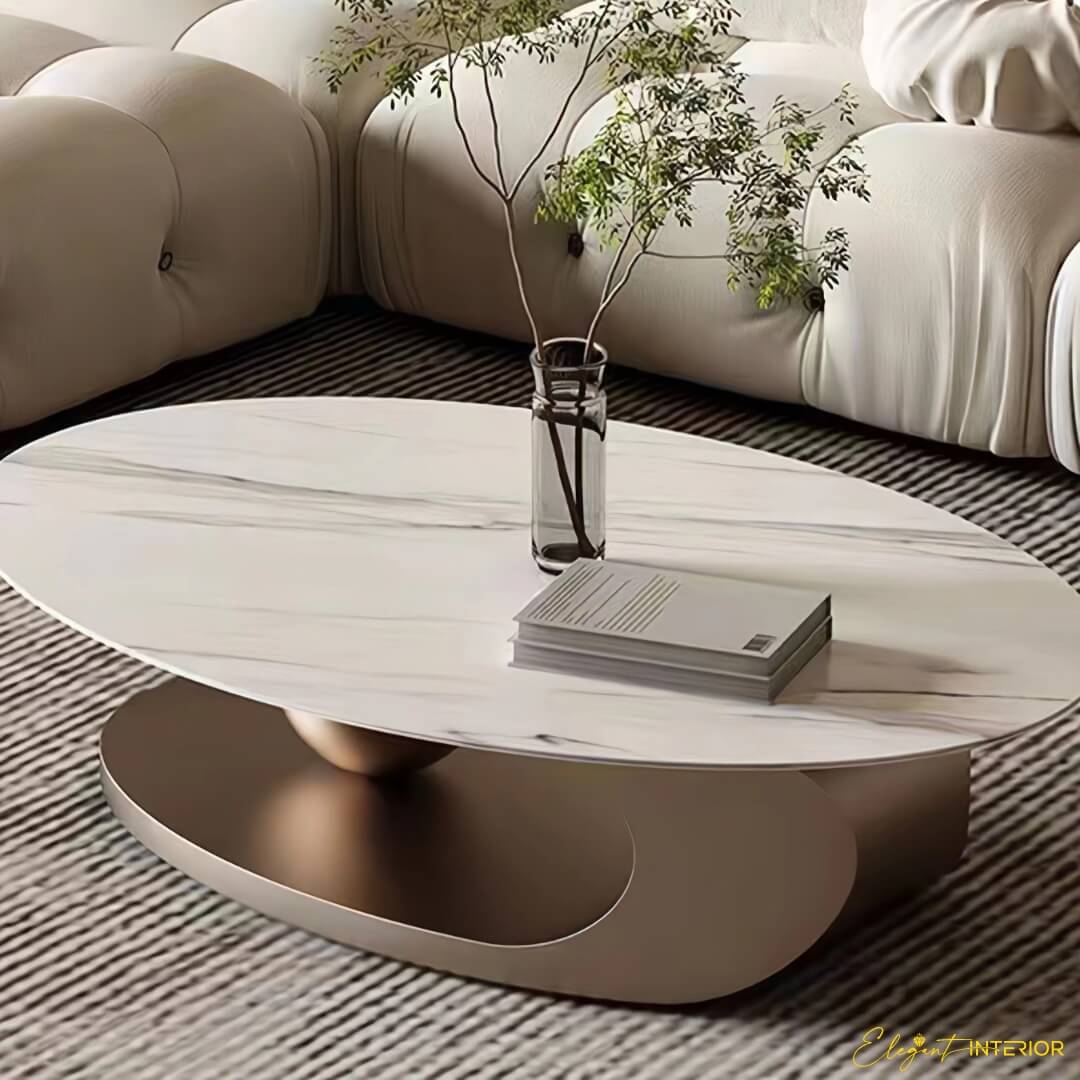 Back view of Monument modern coffee table with stainless steel ball base in Australian interior