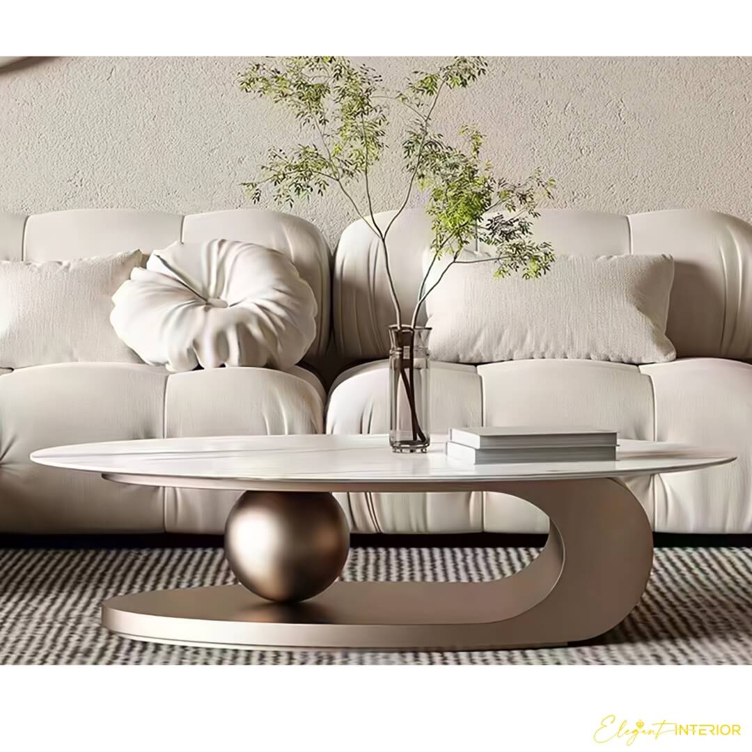 Front view of Monument modern coffee table with stainless steel ball base in Australian interior