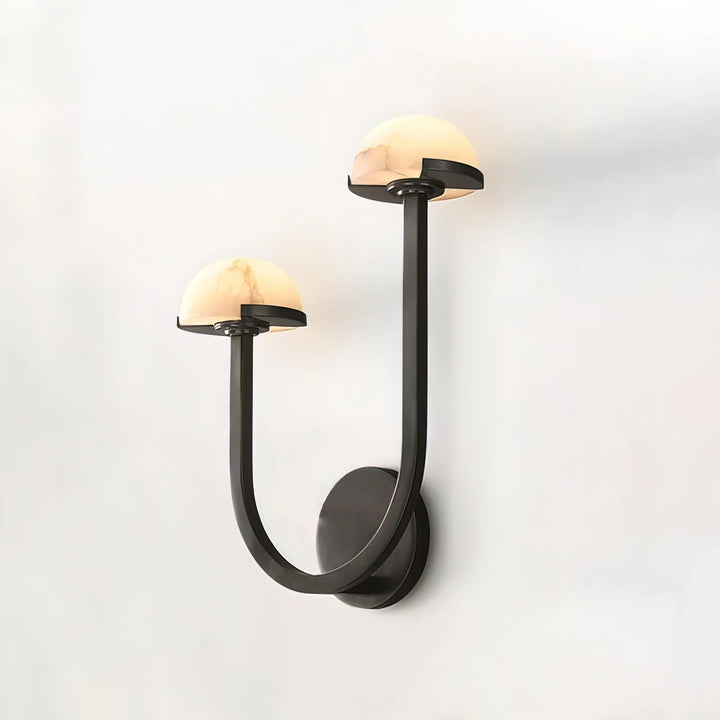 Side view of Mushroom Alabaster Wall Lamp with black metal, modern lighting, elegant home décor