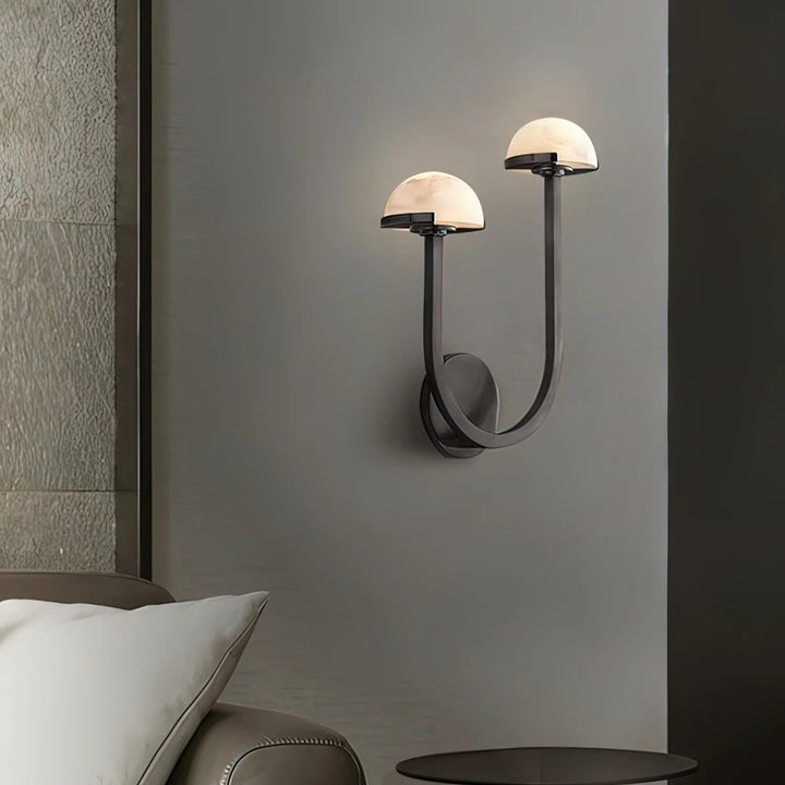Side view of Mushroom Alabaster Wall Lamp in living room, modern lighting, elegant home décor