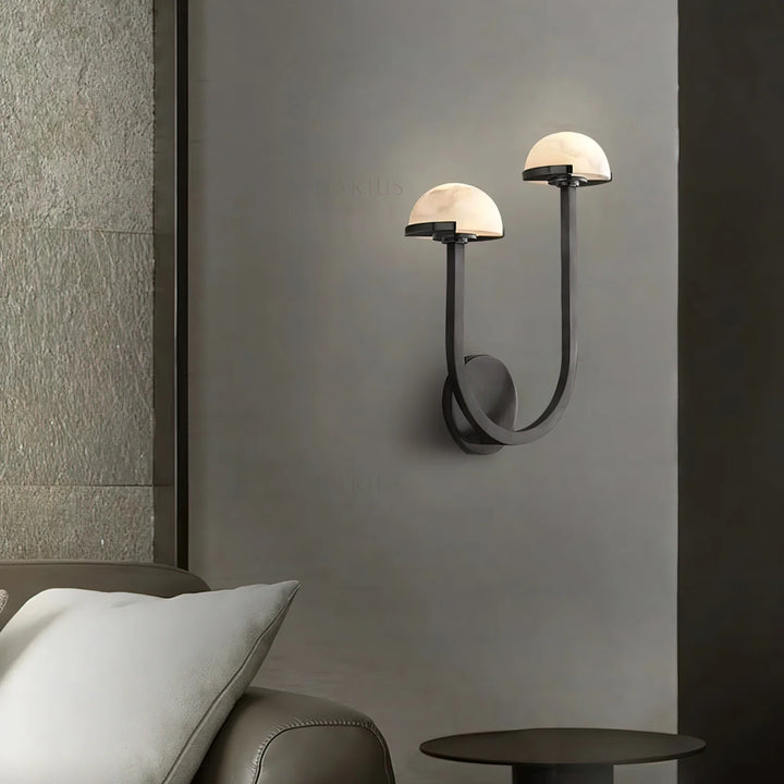 Side view of Mushroom Alabaster Wall Lamp in living room, modern lighting, elegant home décor
