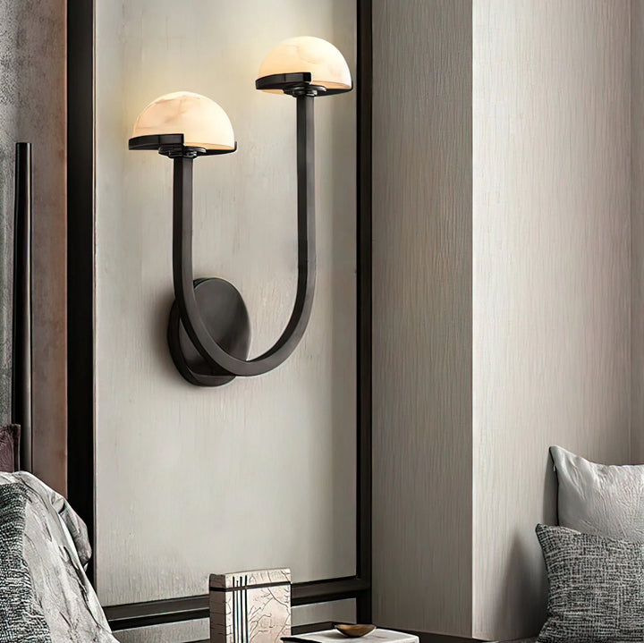 Side view of Mushroom Alabaster Wall Lamp in living room, modern lighting, elegant home décor