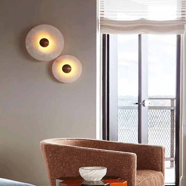 Nayra round alabaster wall lamp, modern lighting, living room view for décor