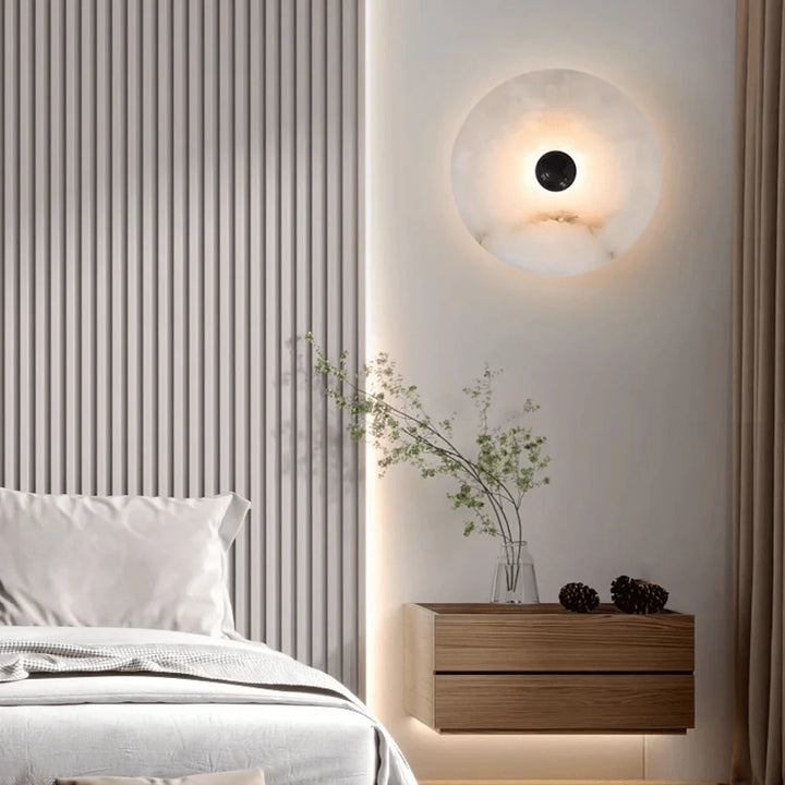 Nayra round alabaster wall lamp, modern lighting, bedside view for stylish décor