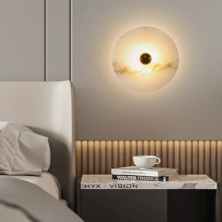 Nayra round alabaster wall lamp, modern lighting, bedside view for stylish décor