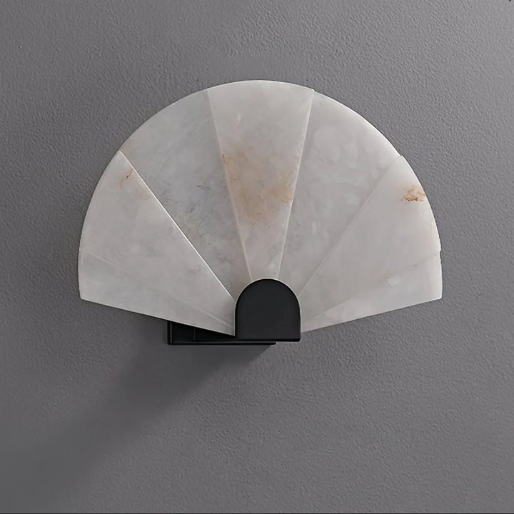 Nevora alabaster wall lamp side view with alabaster shade and gold metal accents, modern elegant design