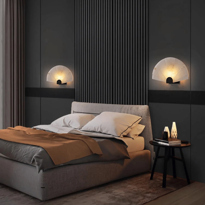 Nevora alabaster wall lamp bedside wall view with gold metal accents, modern elegant lighting fixture