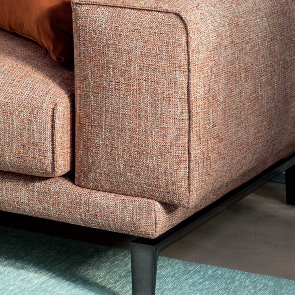 Right side close-up detail of Nirvana Nights cotton linen sofa showcasing fabric texture and cushion design