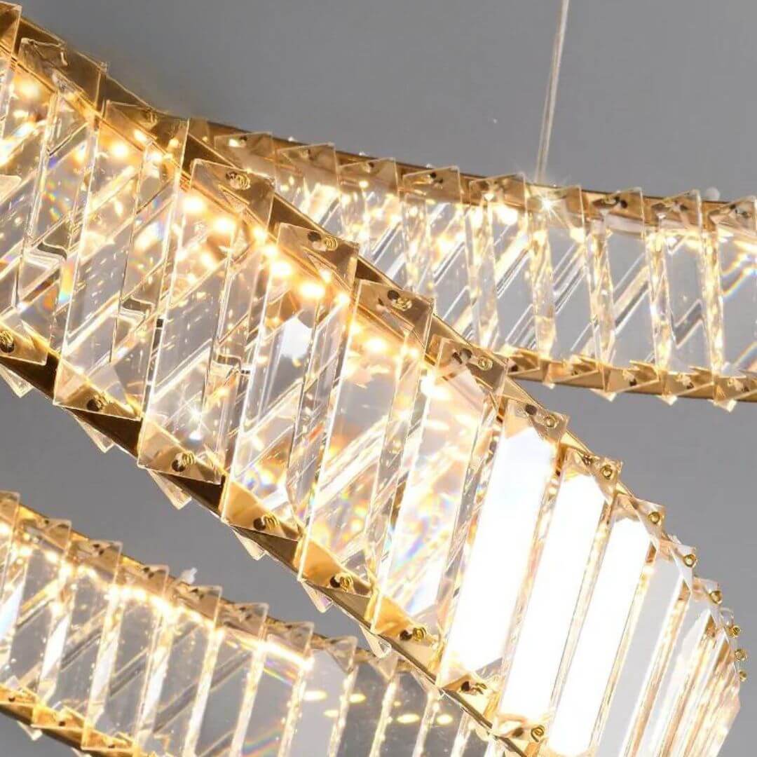 Nova Crystal LED Twisted Chandelier Light emitting warm light, creating a cozy and elegant atmosphere with sparkling crystals