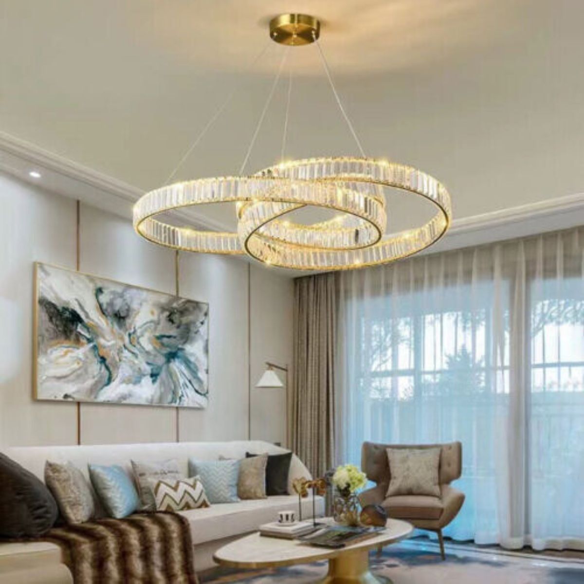 Nova crystal LED twisted chandelier light in living room, adding contemporary elegance and vibrant illumination