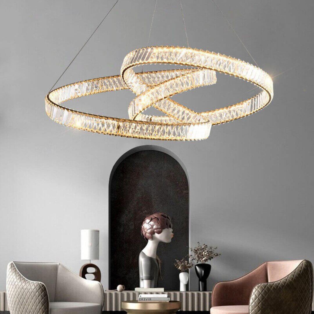 Nova Crystal LED Twisted Chandelier Light turned on in living room, adding warm ambiance and modern elegance