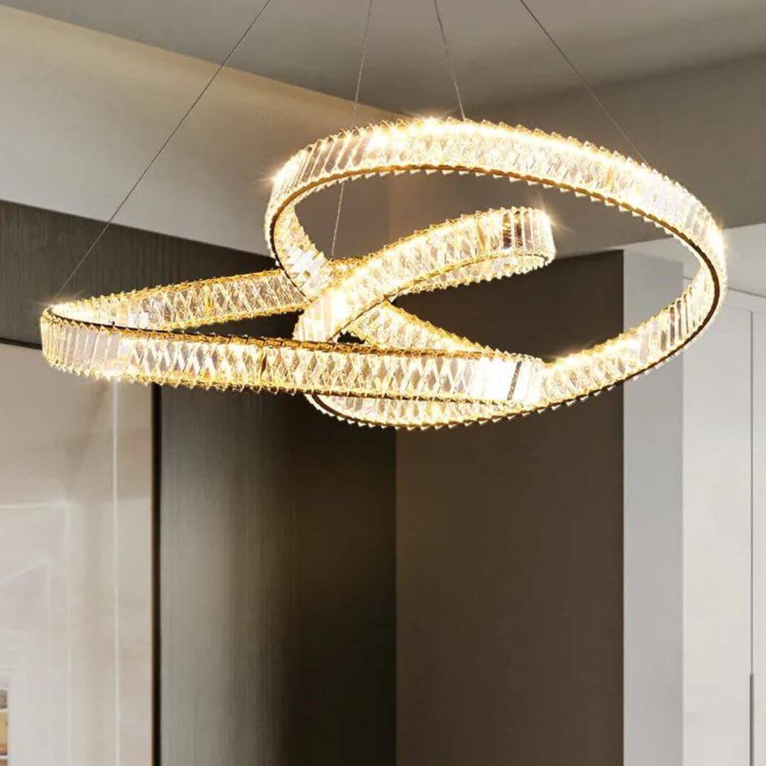 Nova crystal LED twisted chandelier light in living room, adding contemporary elegance and vibrant illumination