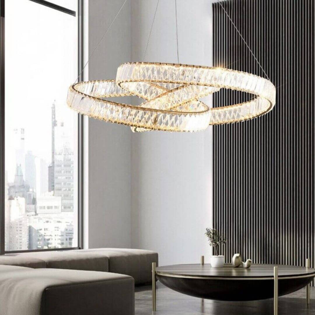 Nova crystal LED twisted chandelier light turned on in living room, creating a bright and elegant ambiance