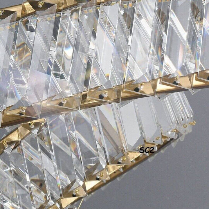 Close-up crystal details of Nova LED twisted chandelier light, showcasing intricate sparkle and refined craftsmanship