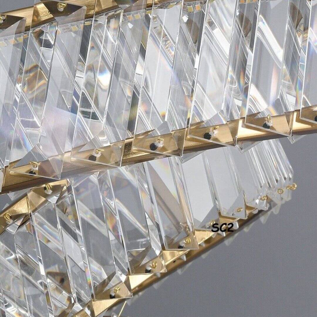 Close-up crystal details of Nova LED twisted chandelier light, showcasing intricate sparkle and refined craftsmanship