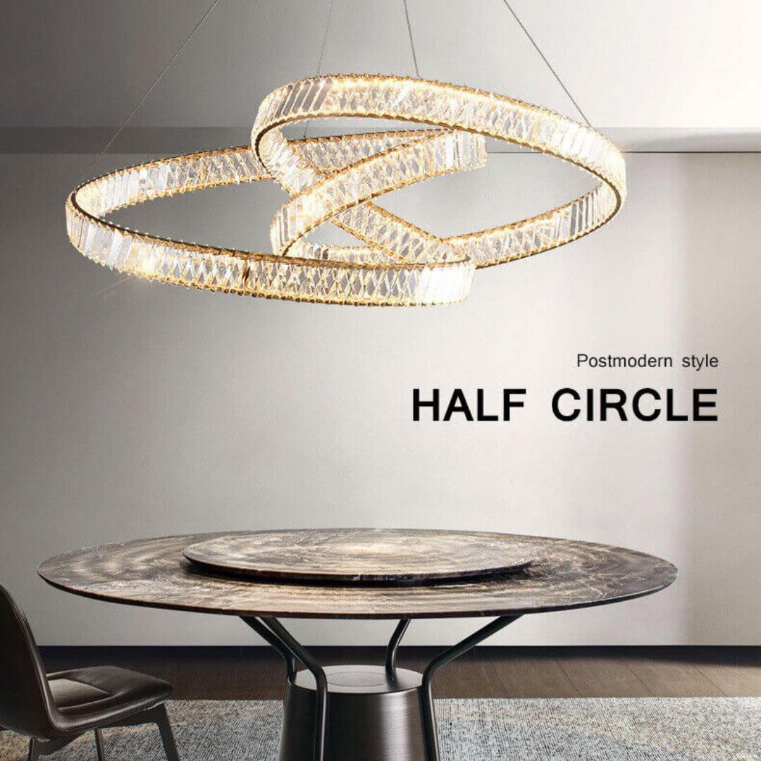 Nova Crystal LED Twisted Chandelier Light in postmodern half-circle design, blending sleek aesthetics with sparkling crystal elegance for a contemporary interior statement