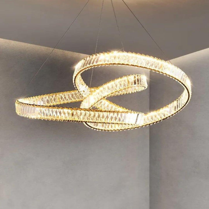 Nova Crystal LED Twisted Chandelier Light turned on, showcasing vibrant illumination and sleek modern design