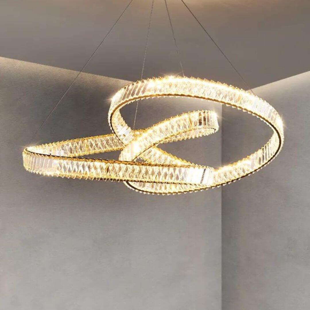 Nova Crystal LED Twisted Chandelier Light turned on, showcasing vibrant illumination and sleek modern design