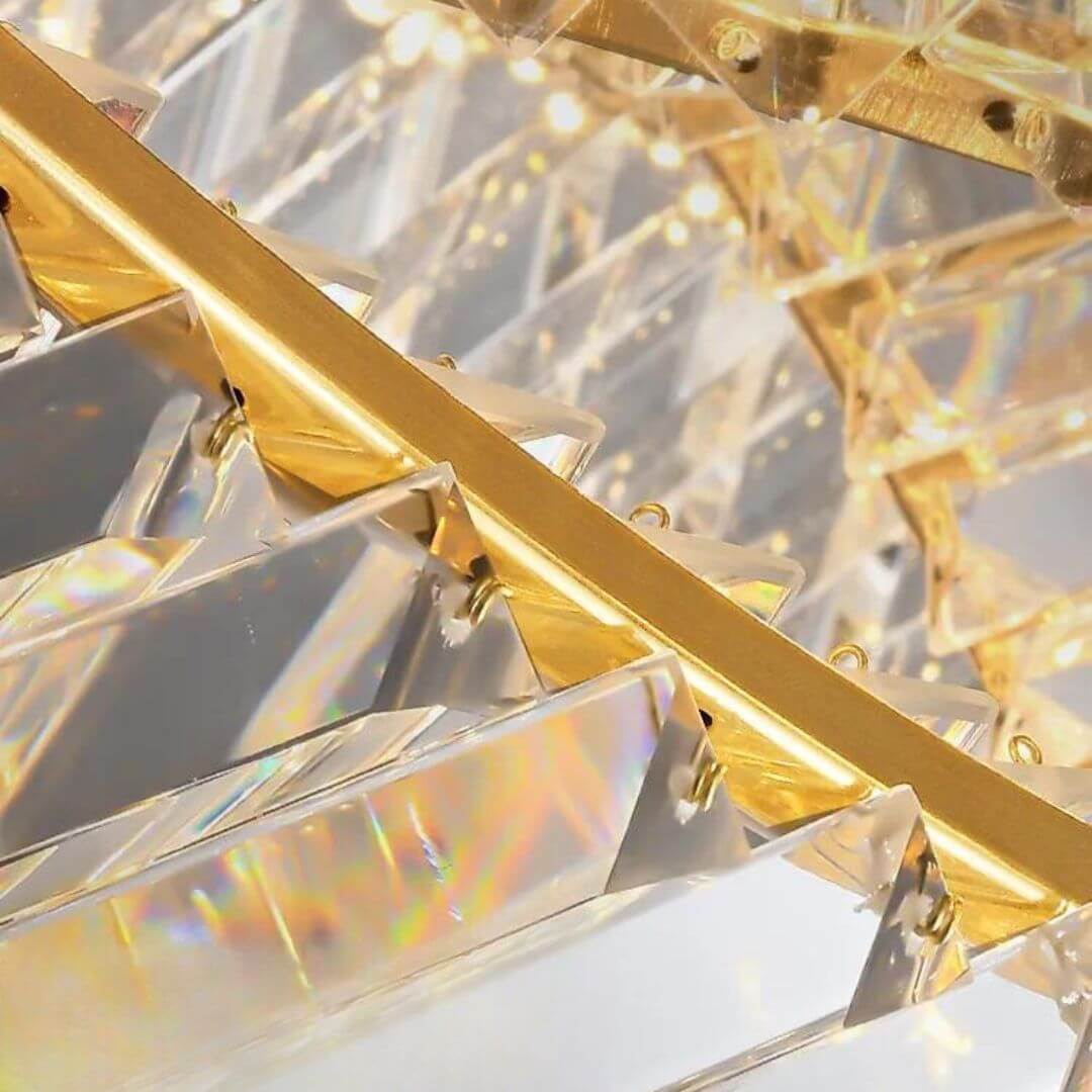 Close-up crystal detail view of Nova LED twisted chandelier light, highlighting sparkling facets and intricate design