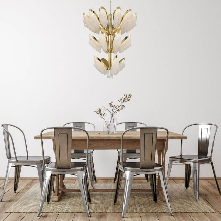 Opalescent LED crystal chandelier light hanging above dining area, providing soft radiant illumination and elegant ambiance.