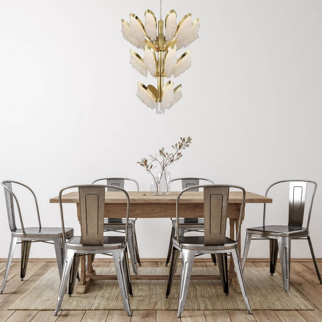 Opalescent LED crystal chandelier light hanging above dining area, providing soft radiant illumination and elegant ambiance.