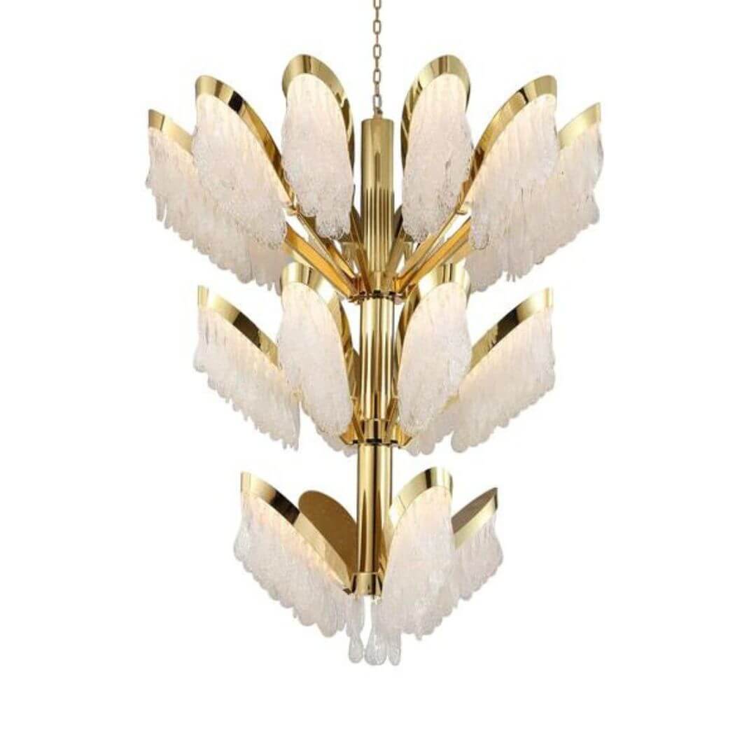 Opalescent LED crystal chandelier light featuring soft glowing crystals with elegant, modern illumination.