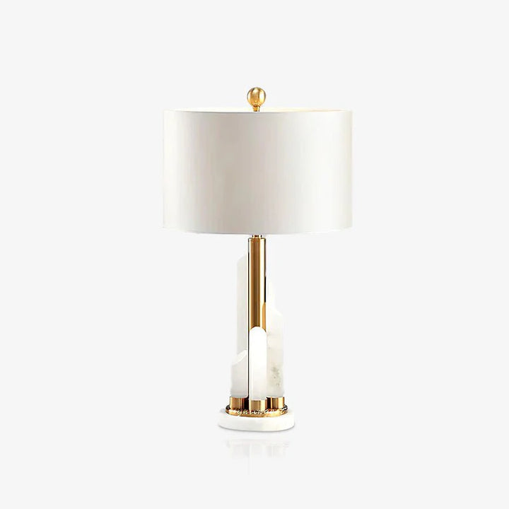 Front view of Orbit metal table lamp with marble base and warm indirect LED lighting