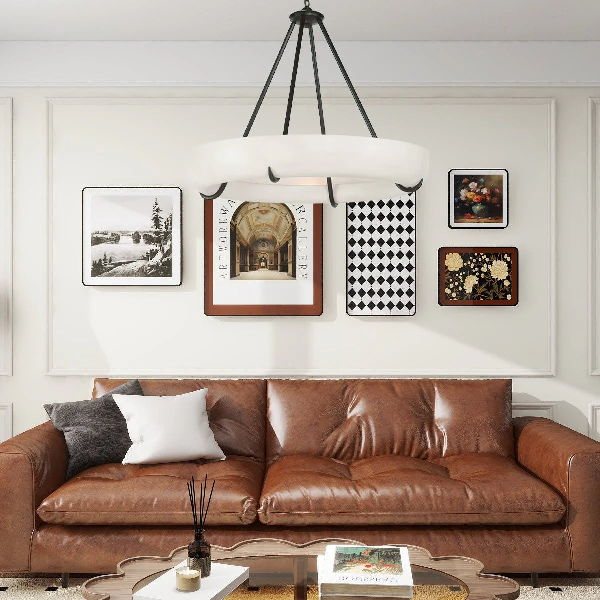 Orion alabaster chandelier above view in modern living room, elegant stylish ceiling light