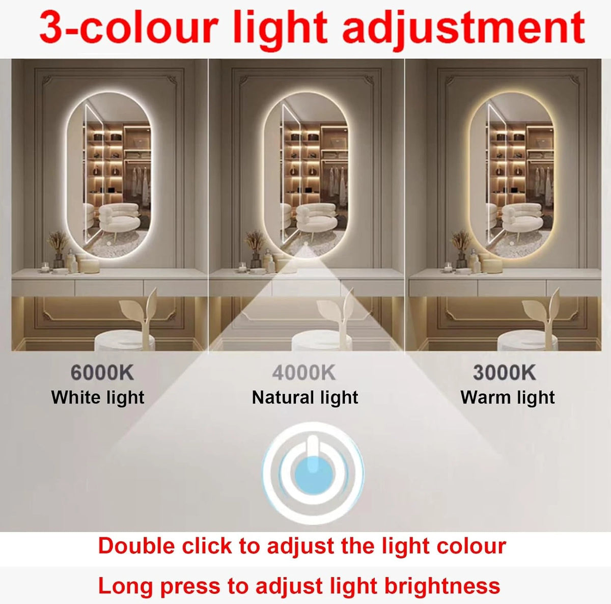 Oval LED backlit bathroom mirror front view with three-color light for modern style button 