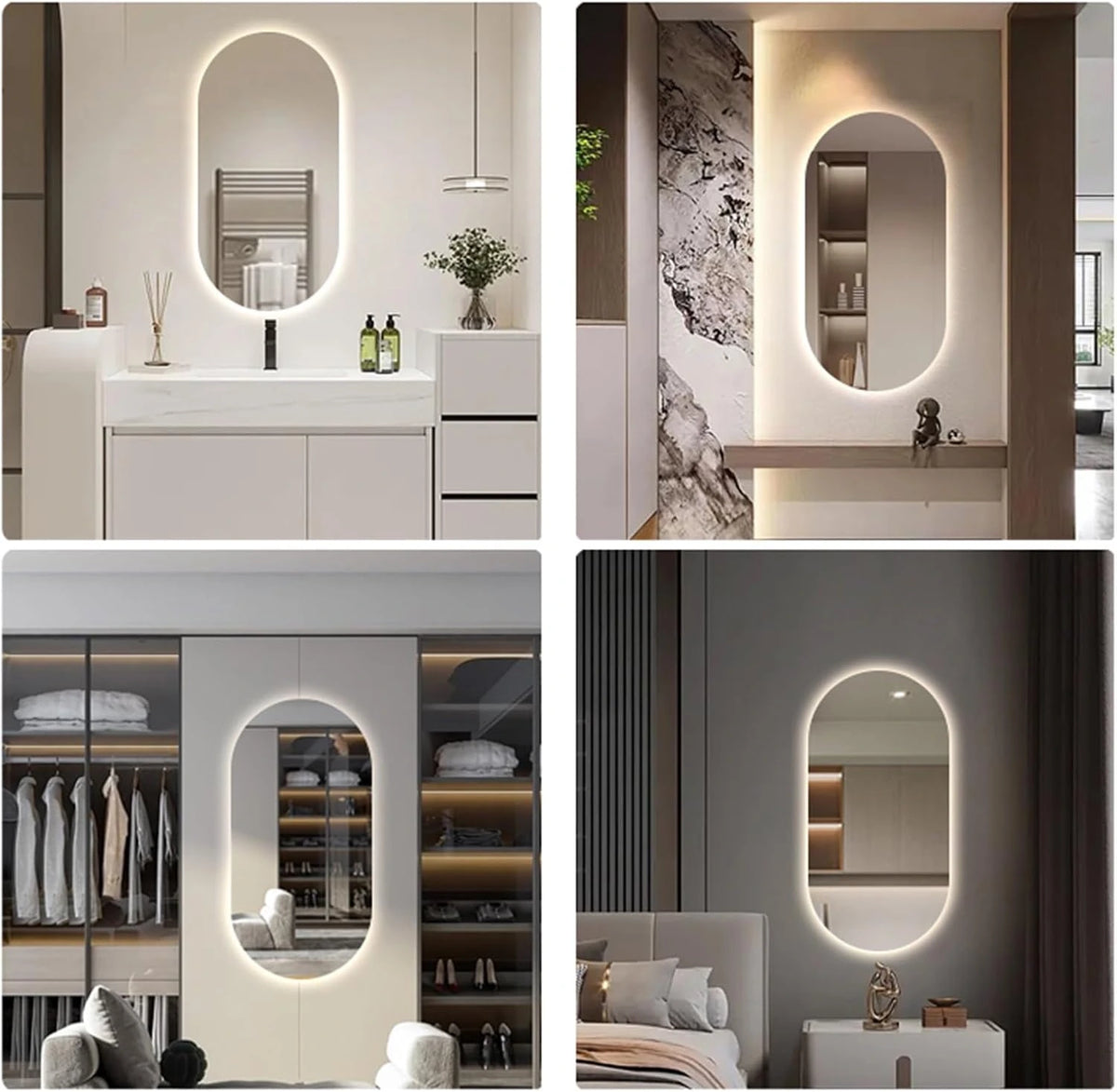 Oval LED backlit bathroom mirror shown in living room and bedroom setting for decor