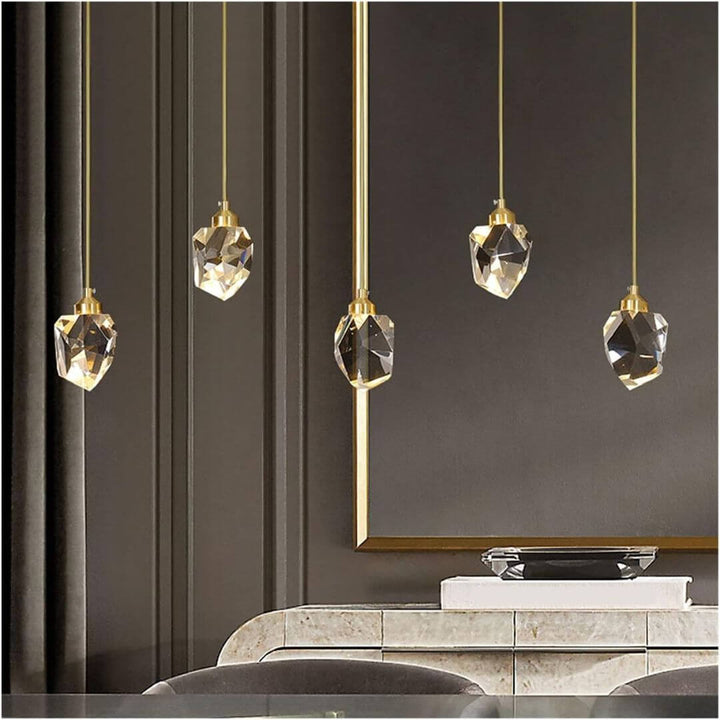Close-up view of pendant chandelier with metal and crystal elements showcasing modern design and craftsmanship
