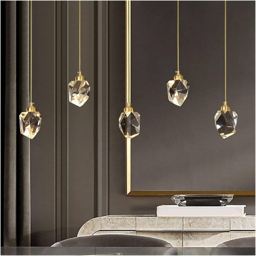Close-up view of pendant chandelier with metal and crystal elements showcasing modern design and craftsmanship