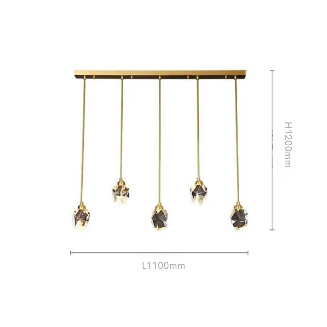 Detailed view of pendant chandelier’s metal and crystal components with dimensions for modern dining room lighting