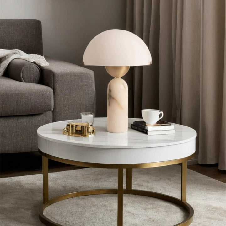 Peono alabaster table lamp on coffee table – elegant marble lighting for modern interiors