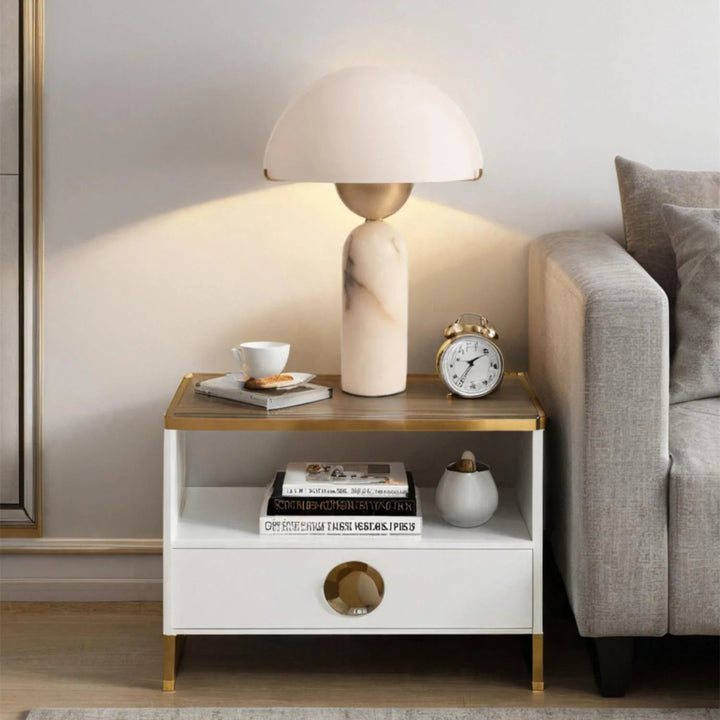Peono alabaster table lamp on living room coffee table – stylish marble lighting for interiors