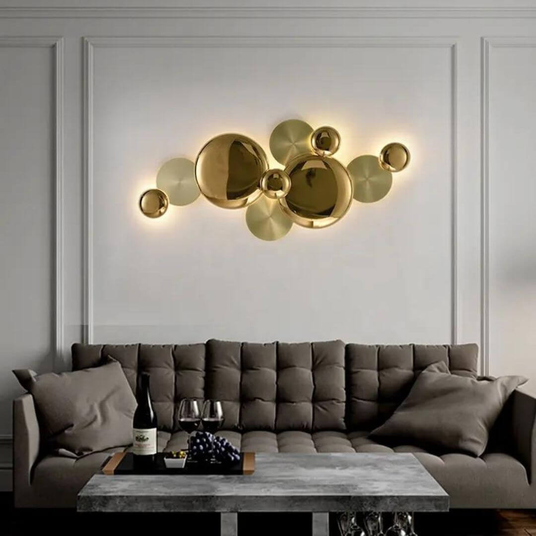 Phosphorescent LED metal wall light installed in living room, adding modern style and cozy ambient lighting