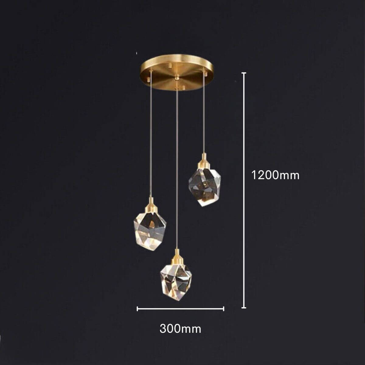 Pulsate 3-head LED crystal chandelier light with precise dimensions for perfect fit in modern living spaces