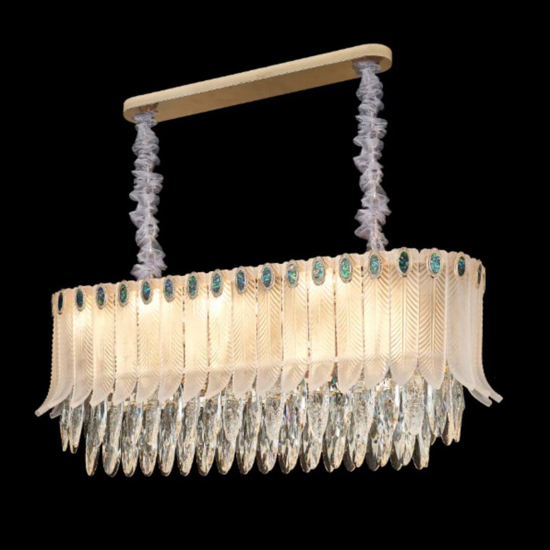 Radiance Chandelier Light Turned On – Side View of Elegant Modern Ceiling Lighting Fixture